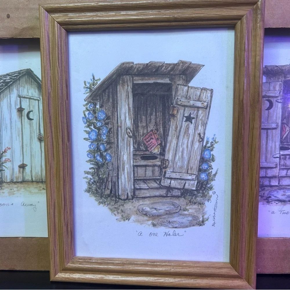 Rustic Brown Framed Outhouse Art Set New NIB